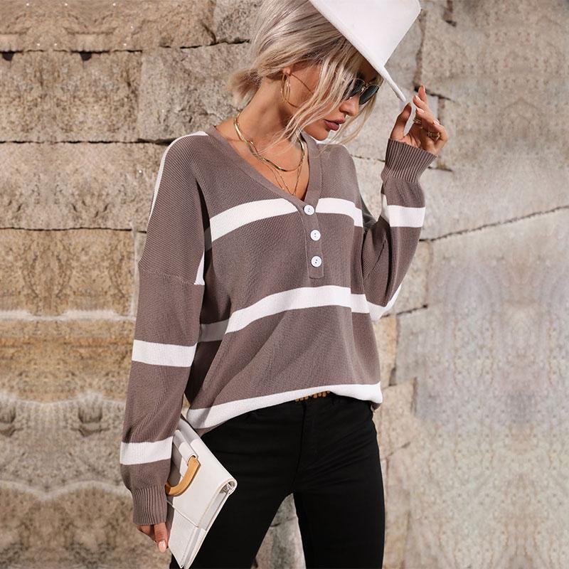 YYFS Damenmode, lässig, Frühling und Herbst, Streifendruck, langärmelig, V-Ausschnitt, Blusen und Hemden