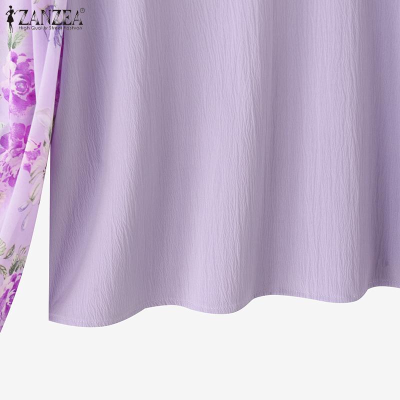 ZANZEA Women Casual Floral Print Splice Long Sleeve Round Neck Loose Blouse
