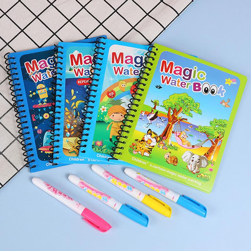 Water Drawing Book with Refillable Water Pen Reusable Magic Painting Drawing Board Cute Cartoon Pattern Gift for Boys Girls TMZ