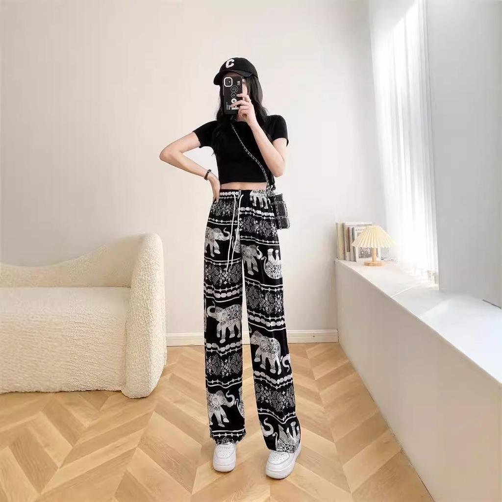 2025 Thai Yoga Pants: Elephant Print, High Waist, Wide Leg, Floor-Length, Summer Style, Hot Selling in Southeast Asia