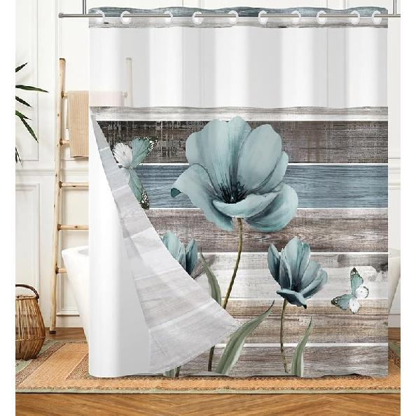 DASHAN No Hook Shower Curtain with Snap In Liner, Rustic Floral Shower Curtains for Bathroom, Teal Flowers Bath Curtain Wood Country Farmhouse Fabric