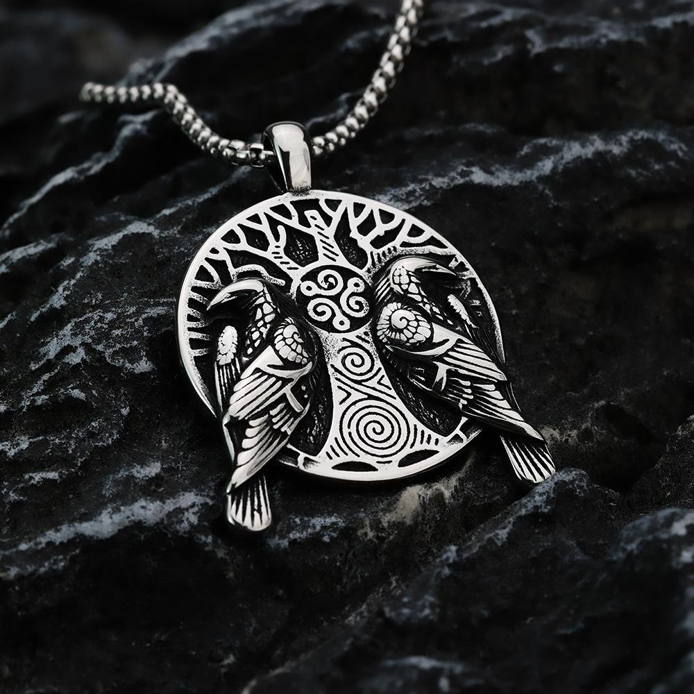 Vintage Viking Double Sided Tree of Life Raven Pendant Men Stainless Steel Necklace