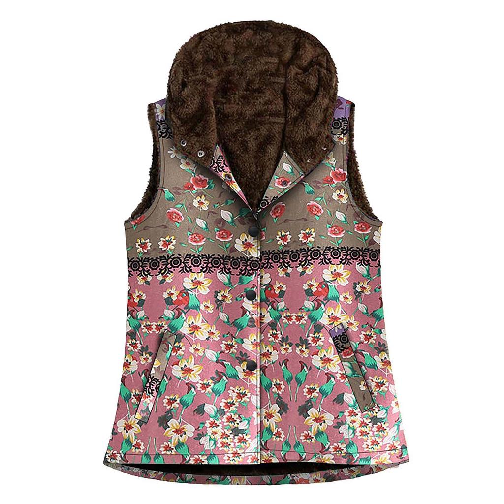 Women Vintage Warm Sleeveless Printed Pockets Thicker Hasp Hooded Vest Coat
