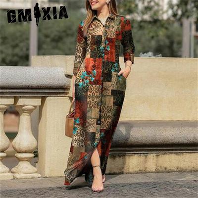 Women's Casual Floral Printed Midi Shirt Dresses Button Elegant Holiday Party Gowns Long Dresses