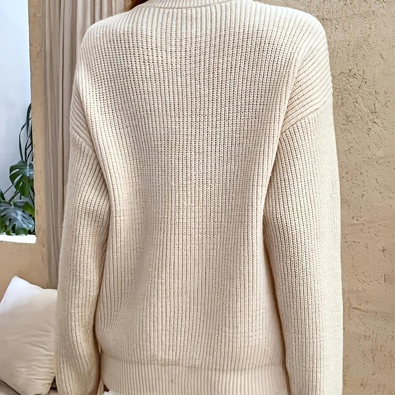 Women S Solid Button Pullover Sweater European American Casual Knit Top