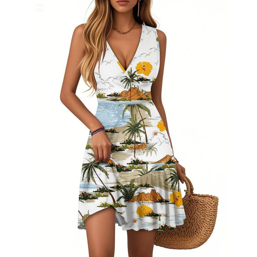 Women's Summer Dress V Neck Sleeveless Casual Hawaiian Print Hem Pleated Dress