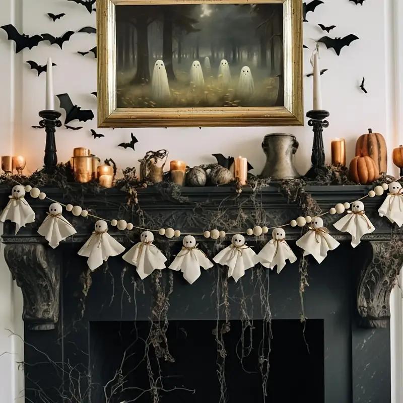 WTEMPO Handcrafted Halloween Party Banner Charming Wooden Bead & White Ghost Doll Rustic Garden Indoor Outdoor Festive Garland for Spooky Season