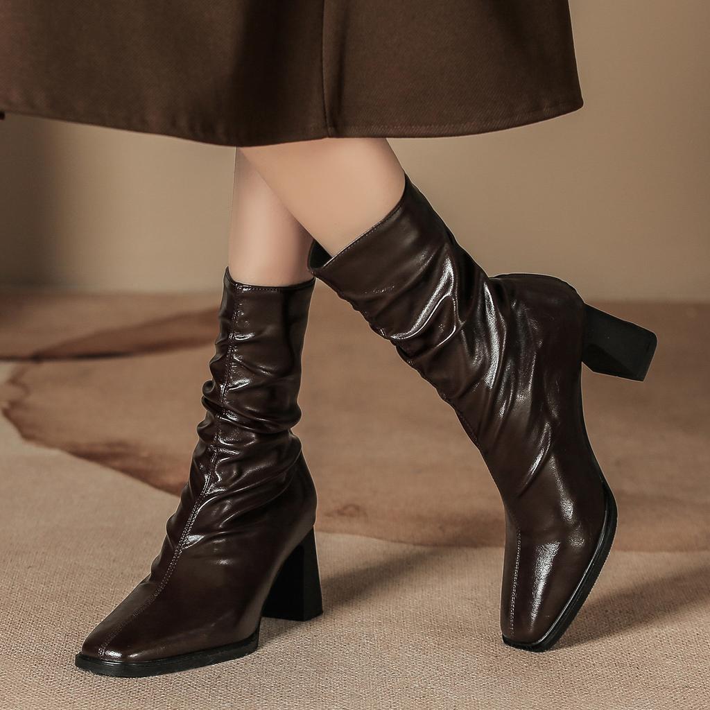 H9537-3 high-heeled short boots women's velvet retro French medium boots slim fashion boots rear zipper square head single boots