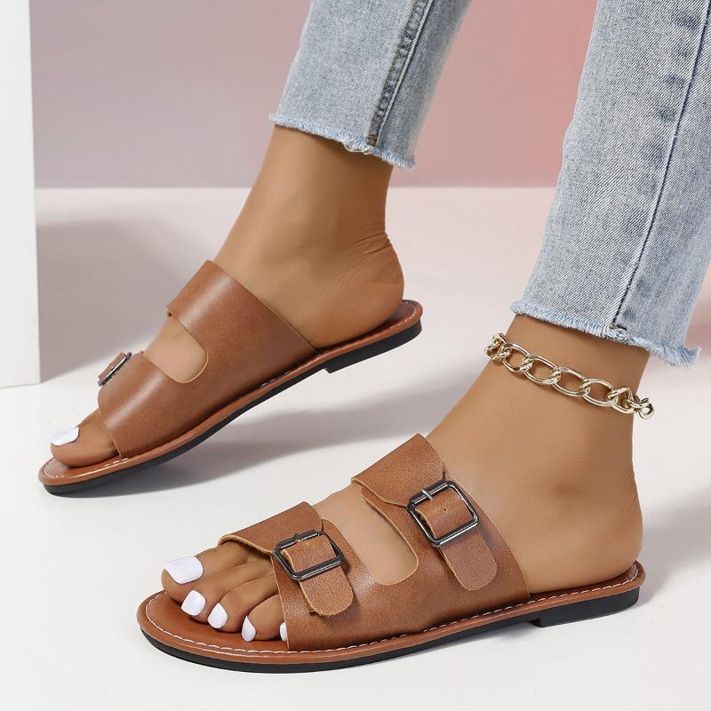 Fashion Large Size Women's Slippers 2025New Summer Casual Beach Slippers Luxury Leather Slippers for Women Outdoor Non-Slip Flat Slipper