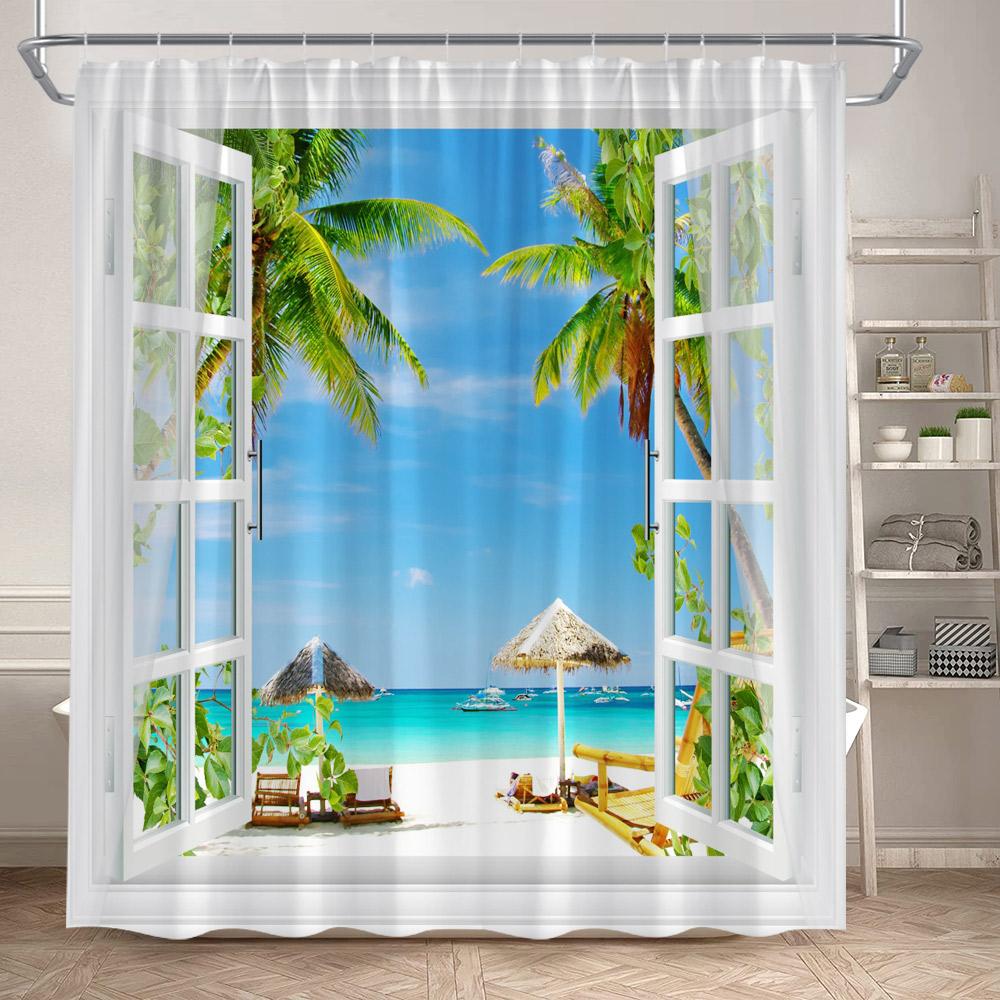 Hawaii Beach Shower Curtain Tropical Palm Leaves Blue Ocean Summer Holiday Nature Scenery Bathroom Curtains Polyester Home Decor