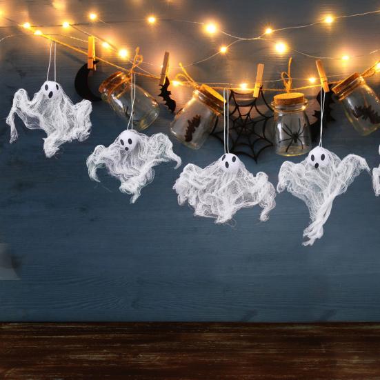 Small Hanging Ghost Decoration Halloween White Mesh Cloth Ghost Tree Ornaments for Outdoor Yard Lawn Haunted House Decor