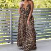 European Leopard Print Deep V-Neck Slit Dress with Cross Shoulder Straps and High Waist Design