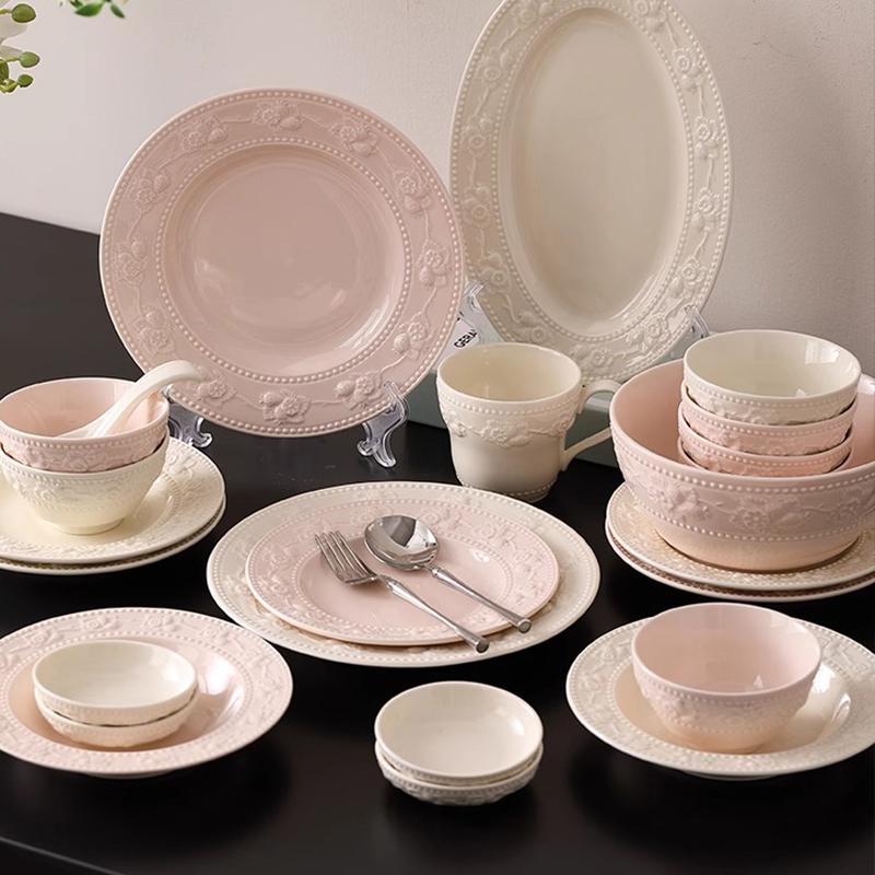 French Relief Cream Wind Ceramic Dish Household 8 Inch Underglazed Colour Exquisite Kitchen Tableware Beautiful Food Plates