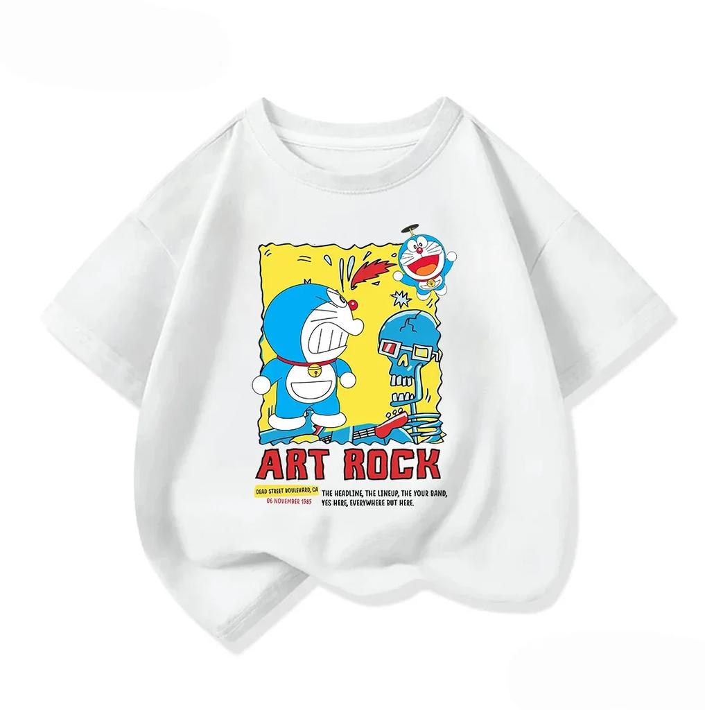 Summer Children Crew Neck T Shirt Fashion Cartoon Print Cute Street Style Tops Doraemon Boys Girls Outfit 314Y
