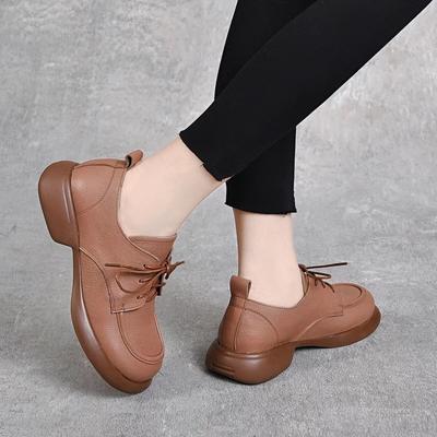 Women's Single Shoes Spring New Round Head Flat Bottom Lace-up First Layer Cowhide Comfortable Small Leather Shoes