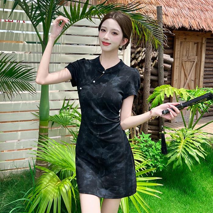 Elegant Gradient Puff Sleeve Cheongsam with Frog Buttons - Women s Slimming Bodycon Dress Large чёрный