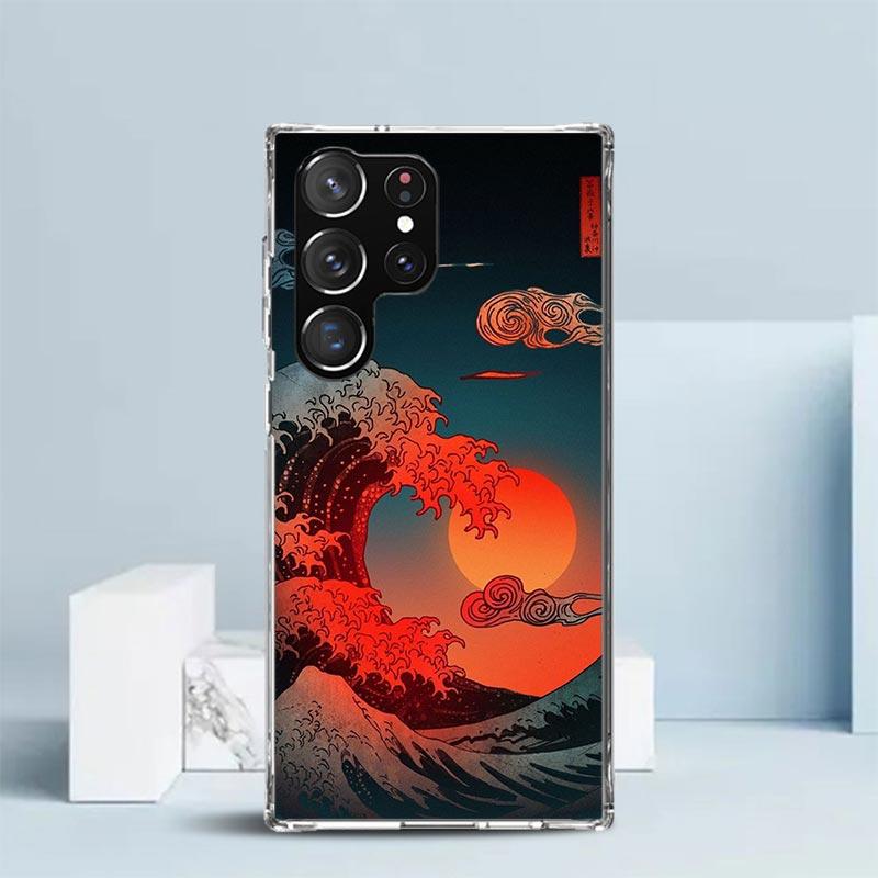 Japanese Style Wave Art Phone Case For Samsung Galaxy S24 S25 Edge S26 Ultra S22 S23 Plus S21 + S20 FE Soft TPU Back Cover Galax