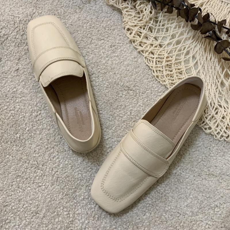 Fashion Spring Square Toe Slip On Women Loafers 2025 High Quality Low Heels Sheep Skin Flat Shoes British Style Casual Women Flat Shoes