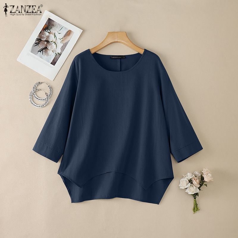 ZANZEA Women Casual Round Neck 3/4 Sleeve Loose Irregular Blouse