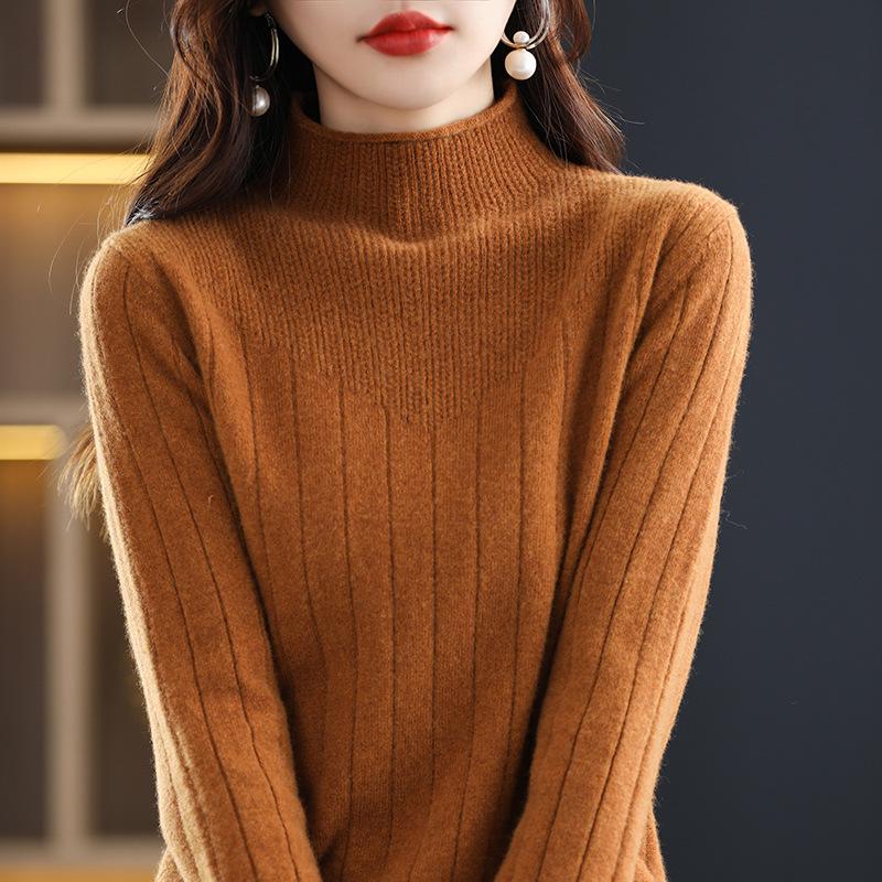 Women's Thickened Half-High Collar Pure Wool Sweater - Loose Knit Base Layer for Autumn/Winter