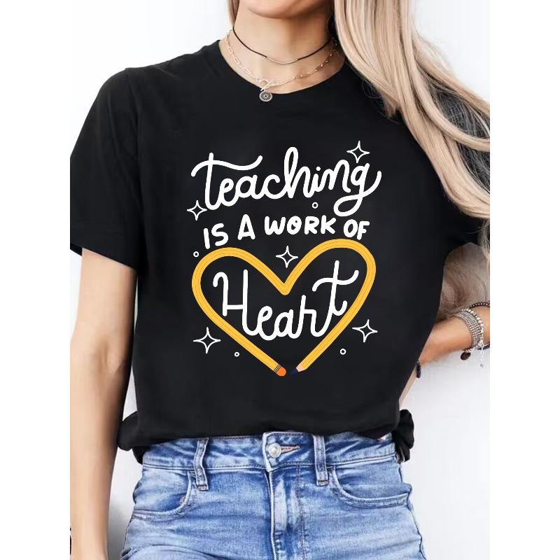 Alphabet Print Spring/Summer Casual Round Neck Short Sleeve Sports T-Shirt for Women S чёрный