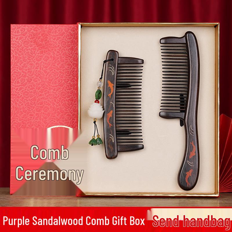 Fioletowe drzewo sandałowe Rzeźbiony drewniany grzebień Pudełko prezentowe - Wysokiej klasy prezent na ślub i Dzień Matki
