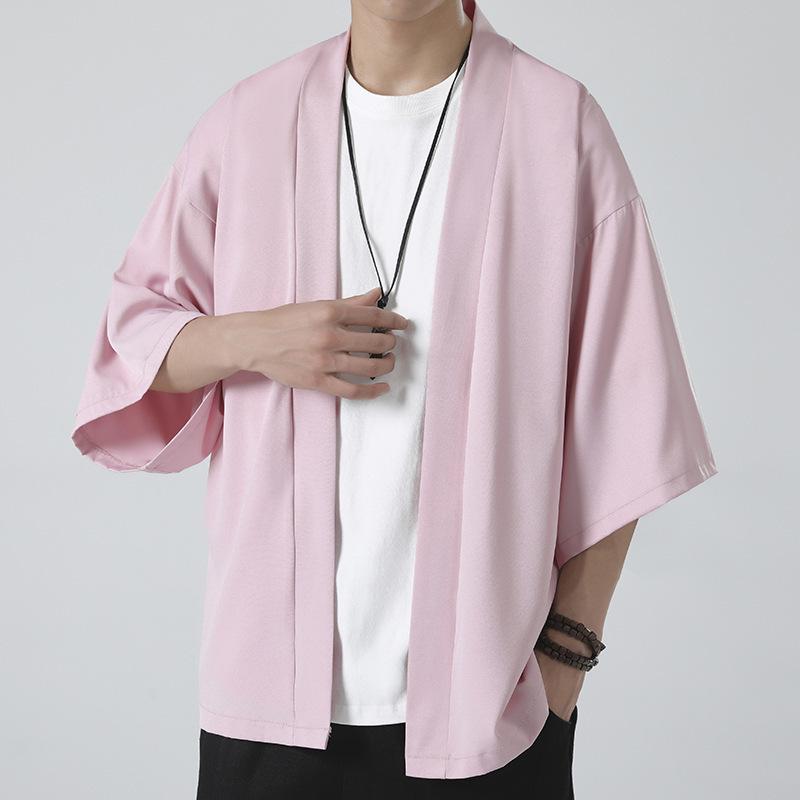 2023 Men's Casual Chinese Style Ice Silk Cardigan - Solid Color, Loose Fit, Three-Quarter Sleeves