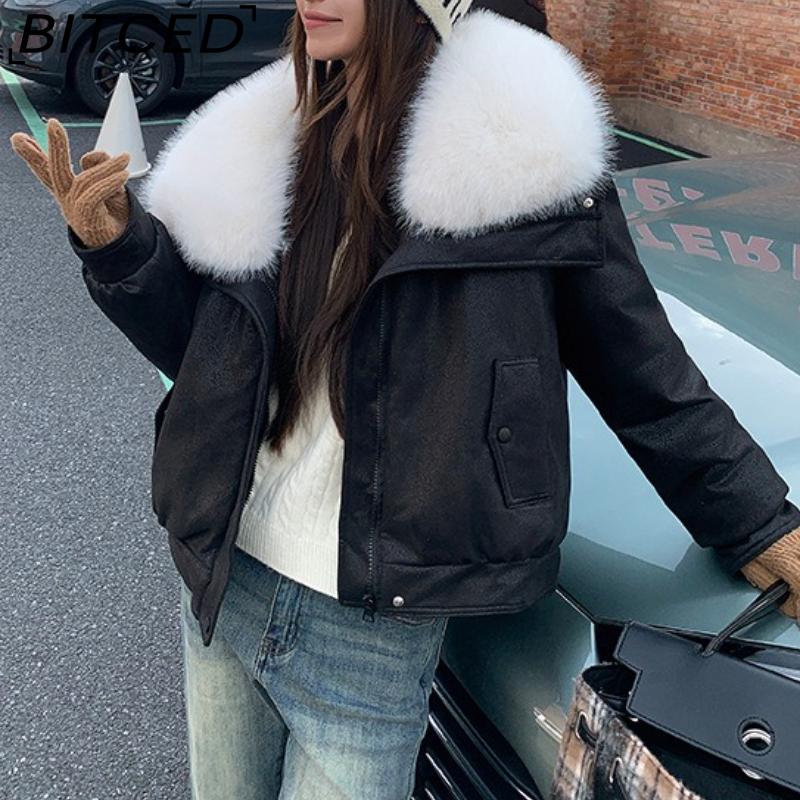 BITCED Women's Short Down Jacket with Oversized Fur Collar Winter Stylish Quilted Coat Thickened Outerwear American Style