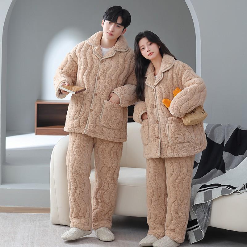 Couple Coral Fleece Quilted Pajamas Set Thick Warm Winter Loungewear Men Women