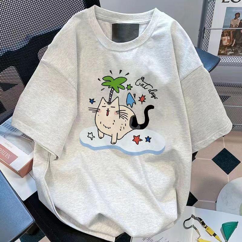 

100% Pure Cotton American-style Printed Cartoon Cat Short-sleeved T-shirts for Men and Women, Loose Half-sleeved Couple in Summe 4XL