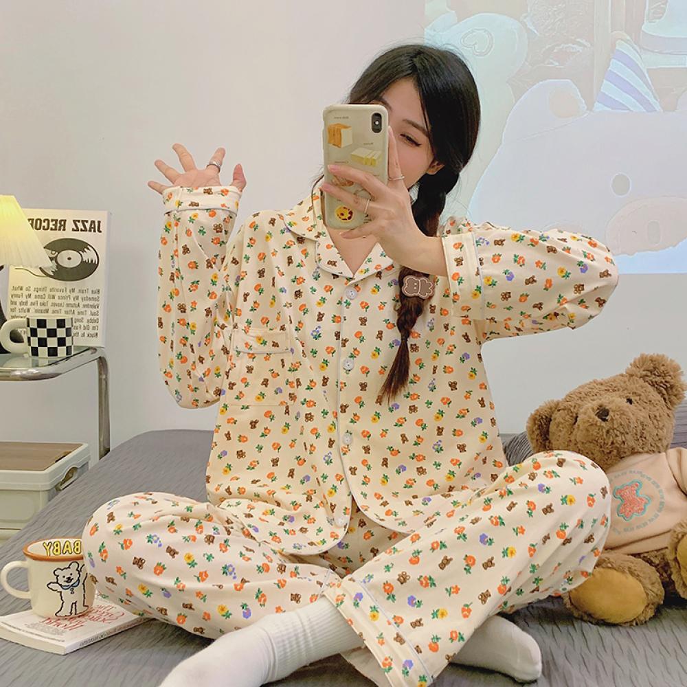 Sweet Cute Cartoon Bear Lady Home Pajama Sets Heart-shaped Print Fashion Casual Women Sleepwear Spring Autumn