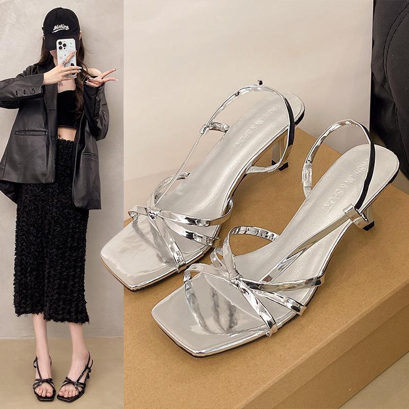 

New High Heels Women s Shoes Thin Heels One-shoulder Square Toe Versatile Sandals 35 срібний