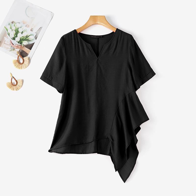 ZANZEA Women Casual Round Neck Solid Color Loose Irregular Hem Short Sleeve Blouse S