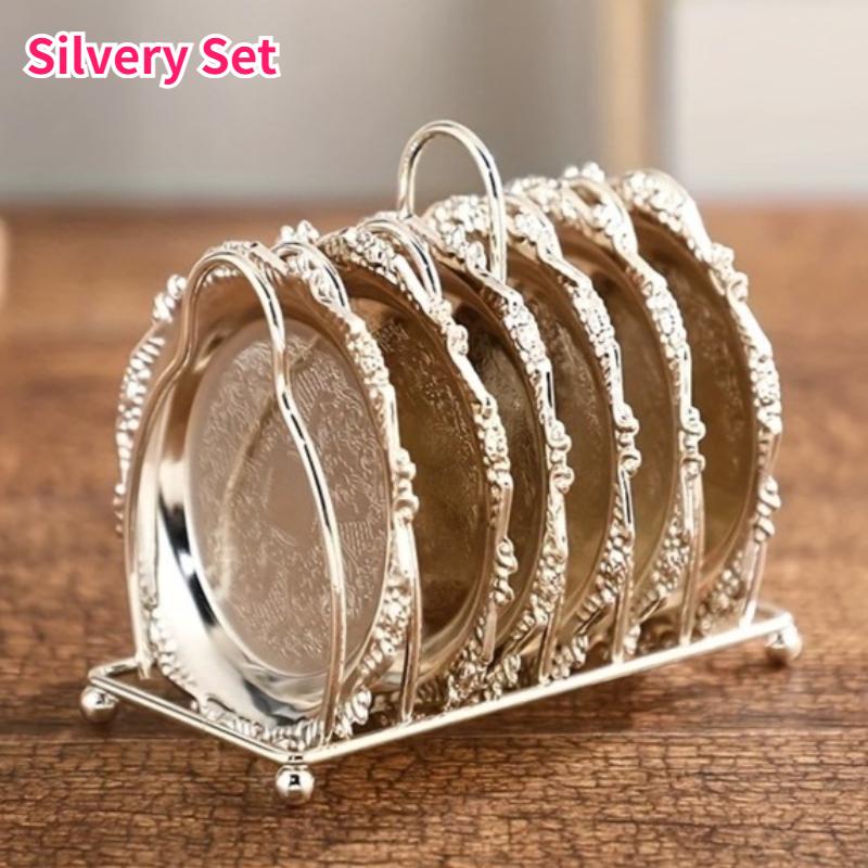 

7pcs Vintage Embossed Rose Tray Creative Cup Holder Metal Snack Plate Dinnerware Sets Coffee Table Decorative Candlestick Trays as shown