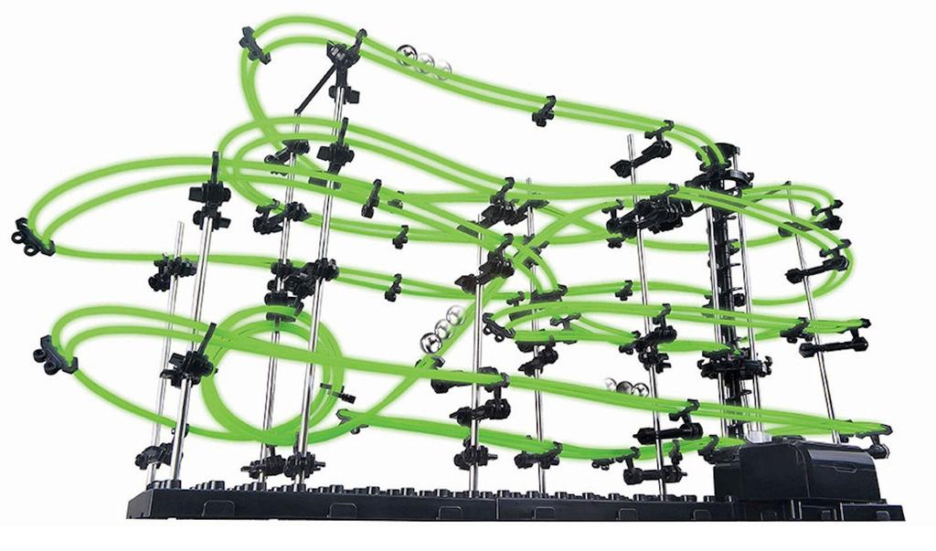 Space Rail: Glow-in-the-dark, phosphorescent, endless loop puzzle. A futuristic educational toy resembling a roller coaster, perfect for brain trainin