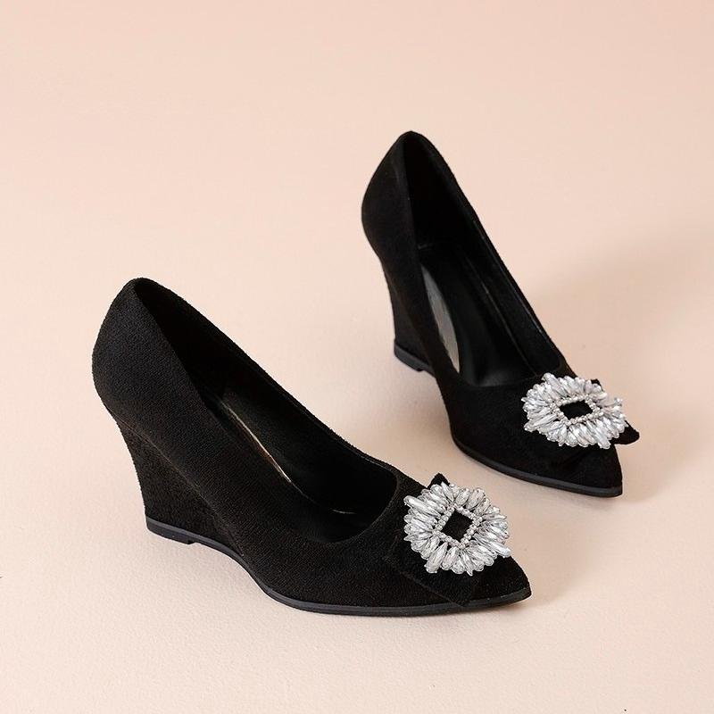 Fashion Wedge Black Single Shoes Women 2025 Spring New Fashion Rhinestone Pointed Toe Shallow Mouth Soft Sole High Heels
