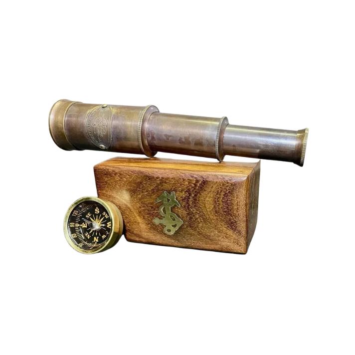 Box Wooden Brass Compass Telescope Antique Nautical Gift Marine Vintage Gift