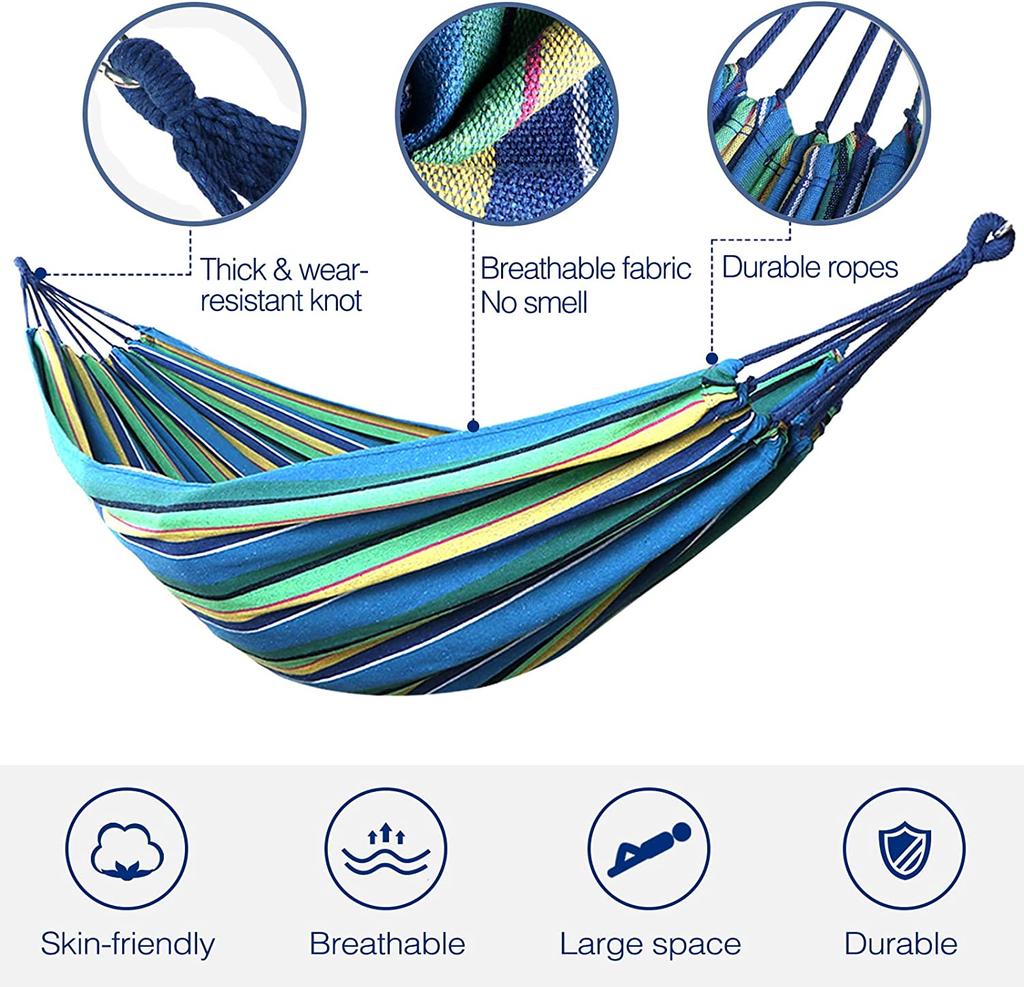 Bawełniany hamak ogrodowy Wygodny hamak materiałowy z paskami na drzewie do zawieszenia Trwały hamak Przenośny hamak o wadze do 450 funtów z torbą podróżną