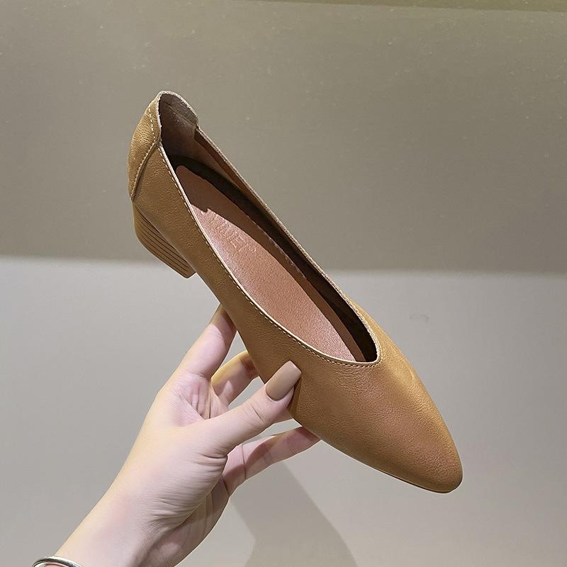 3.5 Cm Leather Spring and Autumn Single Shoes Women's Comfortable Versatile Soft Leather Pointed Work Shoes Occupation Not Tired Feet Thick Heels