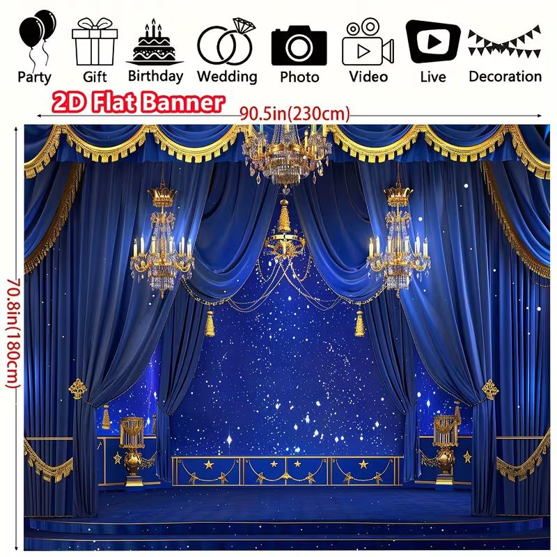 Telo Banner per Palco Lussuoso 2D Blu Oro Tende e Lampadari Decorazione