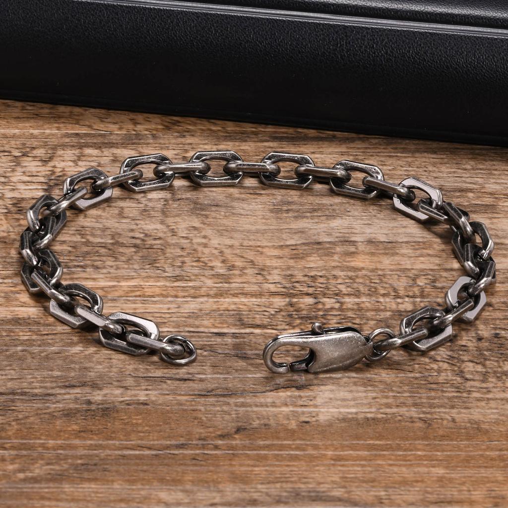 Vintage Rolo Chain Bracelets for Men,Retro Grey Waterproof Stainless Steel Links Wristband, Casual Cable Chain Jewelry