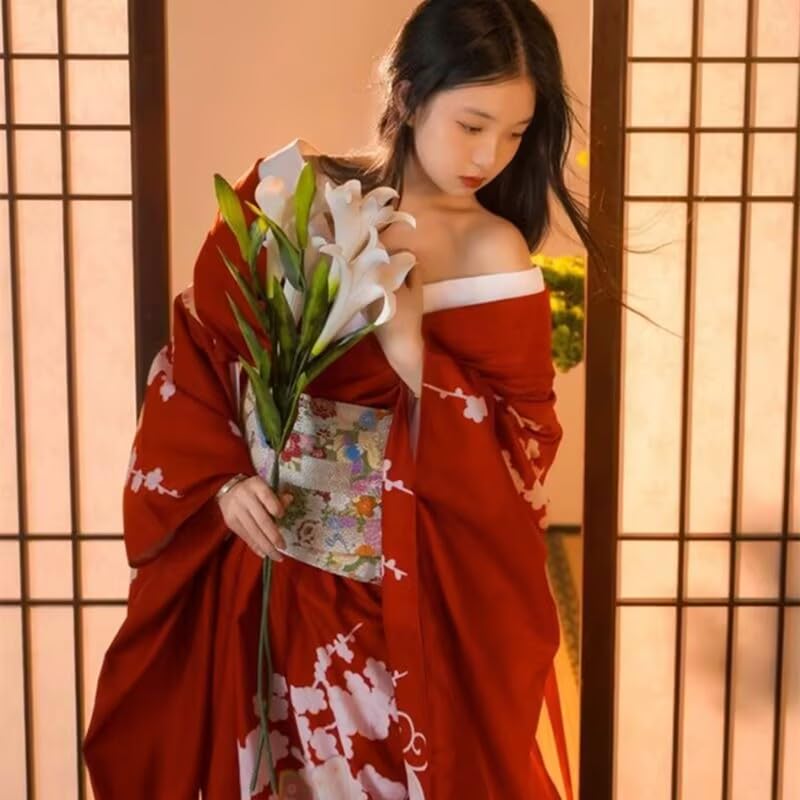 BUITVOZE Kimono Set and Hair for Cherry Blossom Adult and Heko Obi Size Fits One Size Fits Women's 4-Piece (Yukata, Obi, Fan, Accessory) Viewing,
