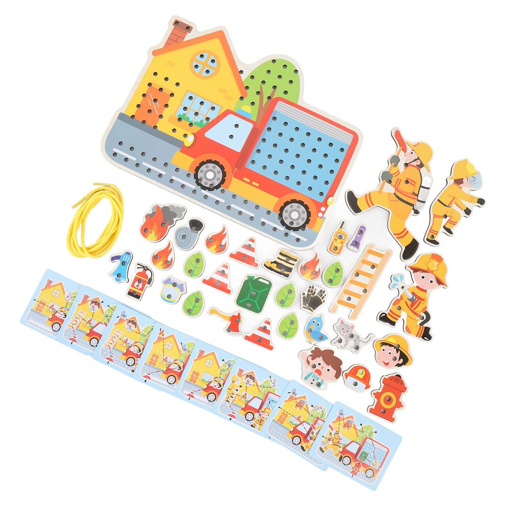 Fire Scene Wooden Lacing Figures Educational Early Learning Wooden Stringing Toy for Kids