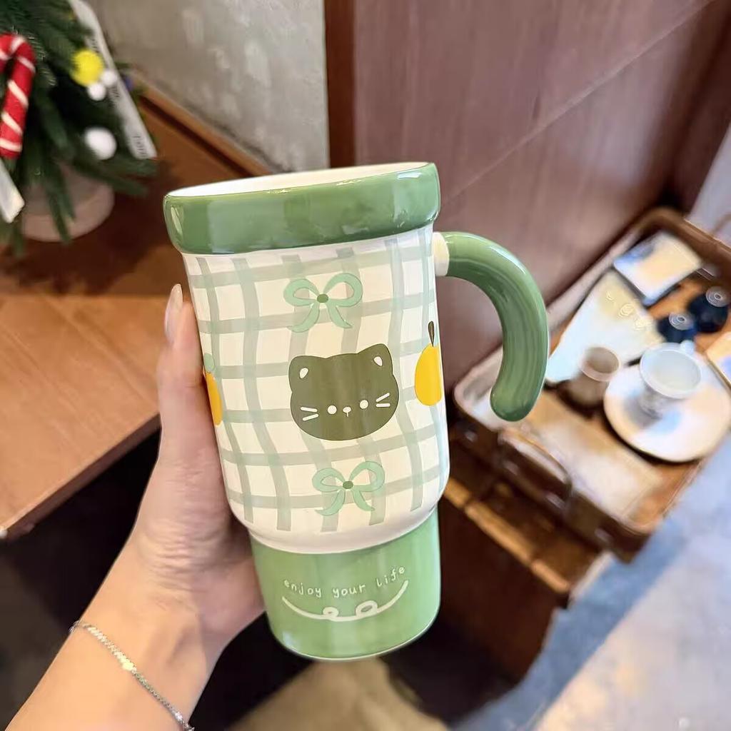 Straw Cup with Lid High Value Ins Mug Couple Ceramic Water Cup Large Capacity Birthday Gift for Girls