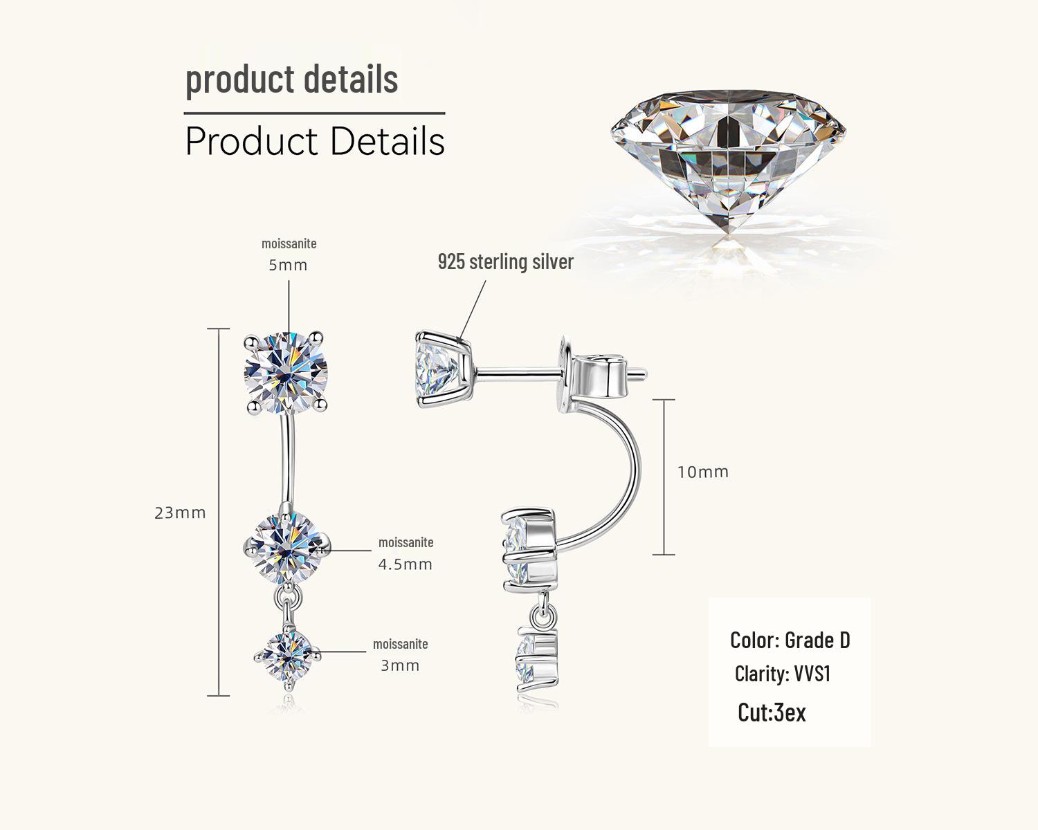 

High-End Moissanite Tassel Stud Earrings - Women s Fashion Personality Drop Design 1 Carat + 1 Carat білий