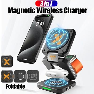 Multifunctional 3 In 1 Magnetic Wireless Charger Portable Phone Holder for iPhone 16 15 14 Watch 9 8 Fast Charging Station