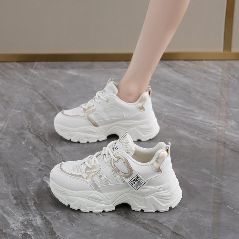 2024 Spring Lace-Up Thick Bottom Vulcanize Shoes White Platform Women's Sneakers Woman Pu Leather Wesh Breathable Sports Shoes