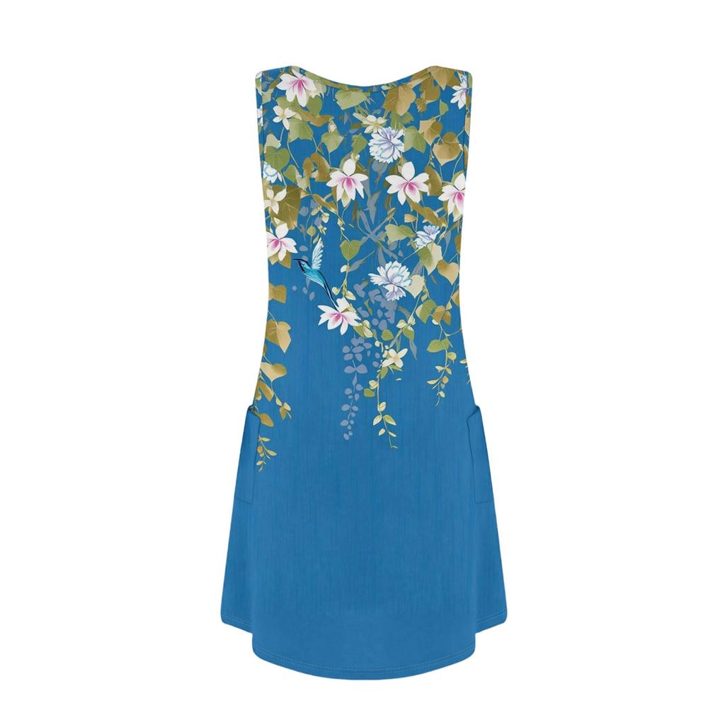 Damska letnia sukienka na co dzień z kieszeniami letnia sukienka plażowa Boho kwiatowe bluzki dla kobiet t-shirty sukienka V Neck luźne sukienki bez rękawów