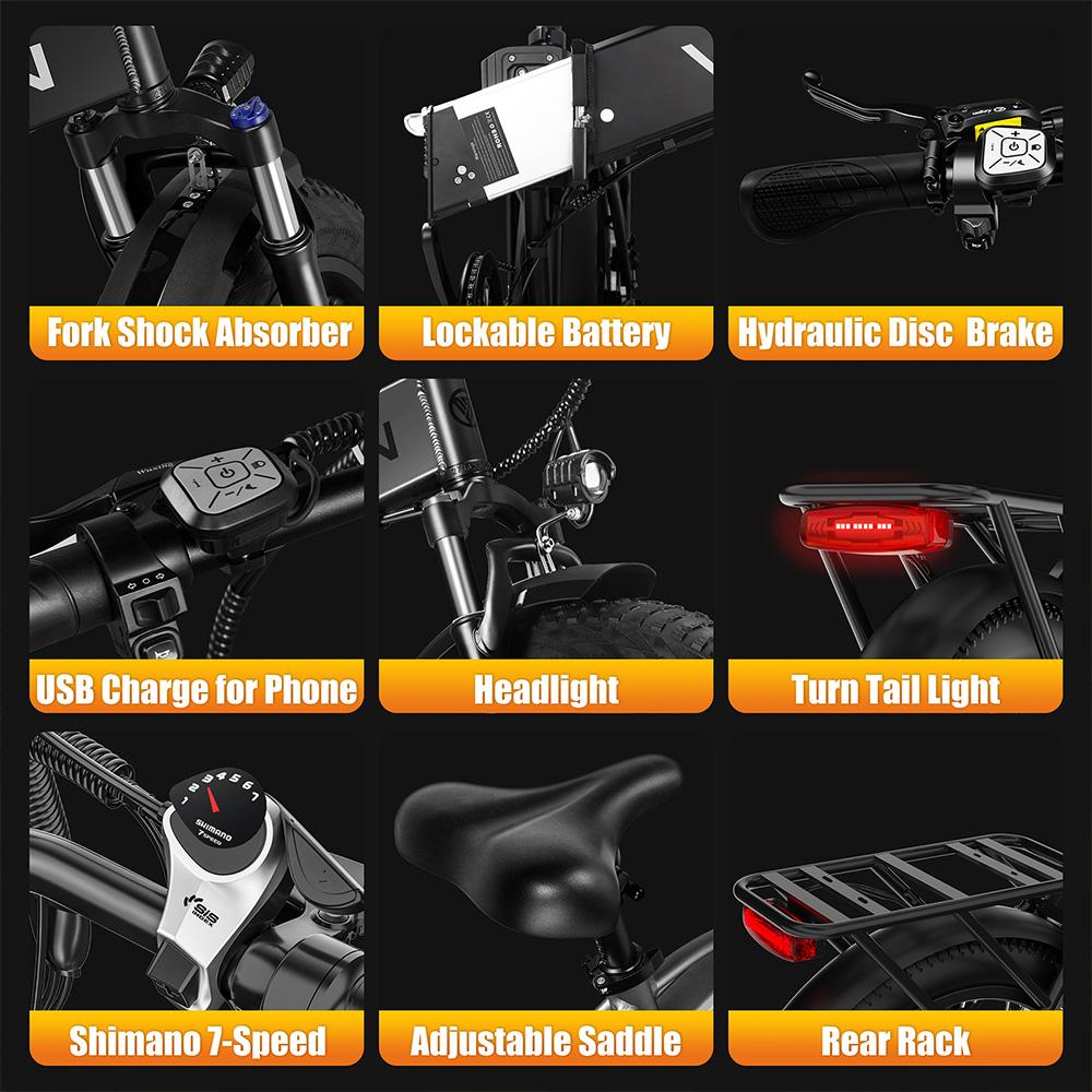 Electric Bicycle Vitilan V3 1200W Peak Motor 20" Fat Tire Foldable Electric Bike For Adult 48V 13AH LCD Display 7 Speed