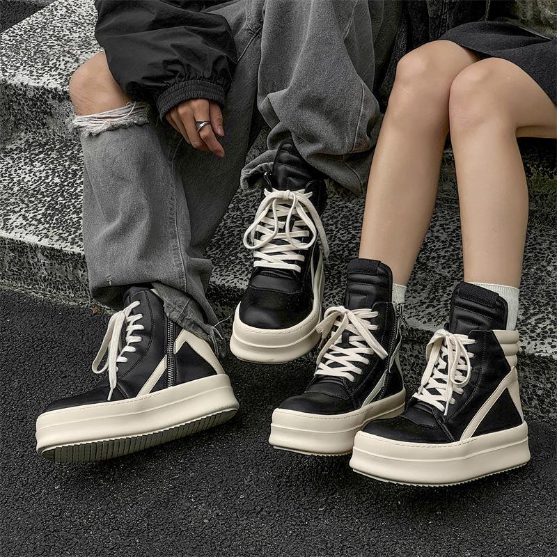 2024 Genuine Leather European & American Trendy Men's High-Top Black & White Thick-Soled Short Boots with Inverted Triangle Design